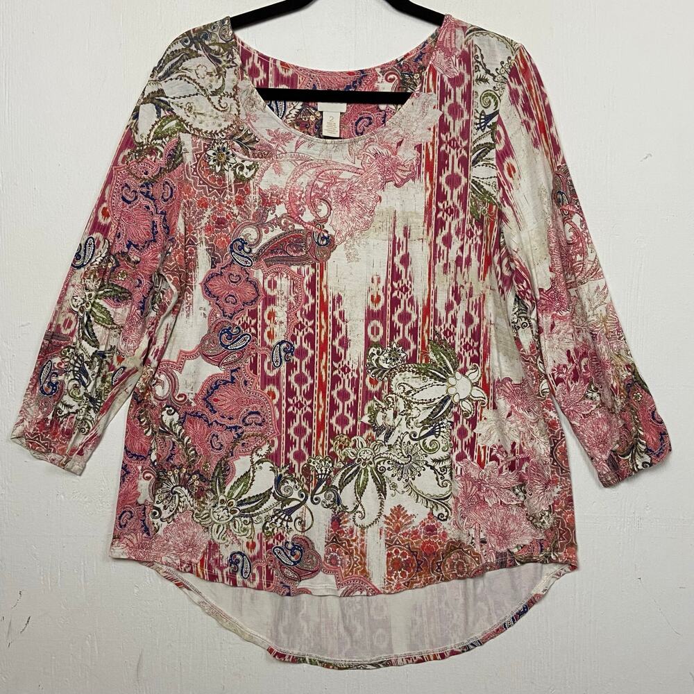 Chico’s Pink Boho Floral Paisley Jersey Knit Blouse Top Size Large